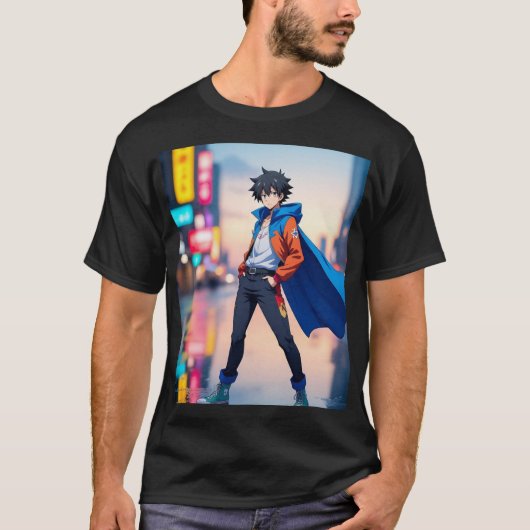 Cool Anime Boy in Neon City – Stylish Anime Charac Tシャツ (正面)