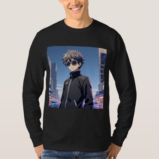 Cool Anime Boy with Sunglasses – Urban Night City Tシャツ (正面)