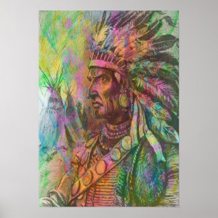 Cool antique native american Indian clipart colour ポスター