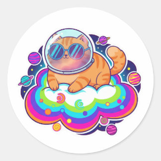 Cool Astronaut Orange Cat in Space on Rainbow Clou ラウンドシール