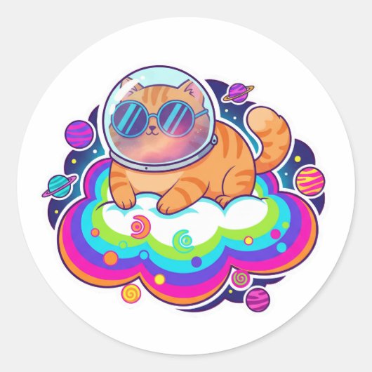 Cool Astronaut Orange Cat in Space on Rainbow Clou ラウンドシール (正面)