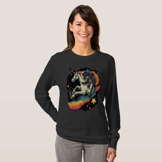 Cool Astronaut Spaceman Riding A Rainbow Unicorn I Tシャツ (正面フル)