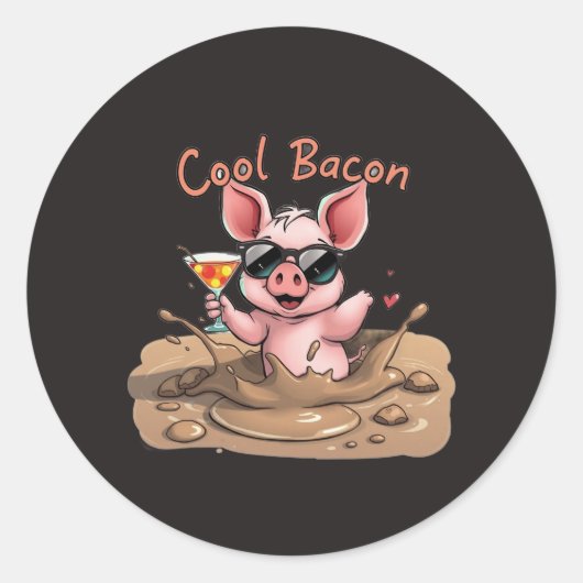 "Cool Bacon" Piglet in Sunglasses ラウンドシール (正面)