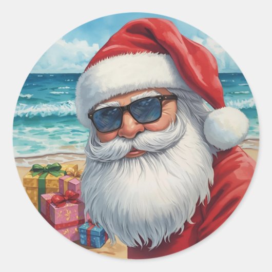 Cool Beach Santa Sticker – Tropical Holiday Vibes ラウンドシール (正面)