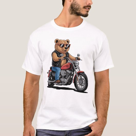 Cool Biker Bear on Bobber Motorcycle Tシャツ (正面)