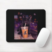 Cool black cat drinking iced coffee halloween マウスパッド (マウス)