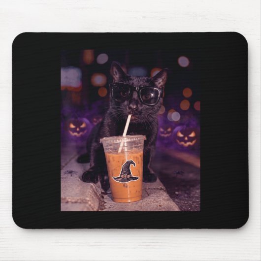 Cool black cat drinking iced coffee halloween マウスパッド (正面)