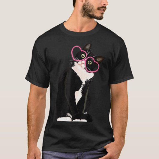 Cool Black Cat Kitten Red Heart Gles Happy Valenti Tシャツ (正面)