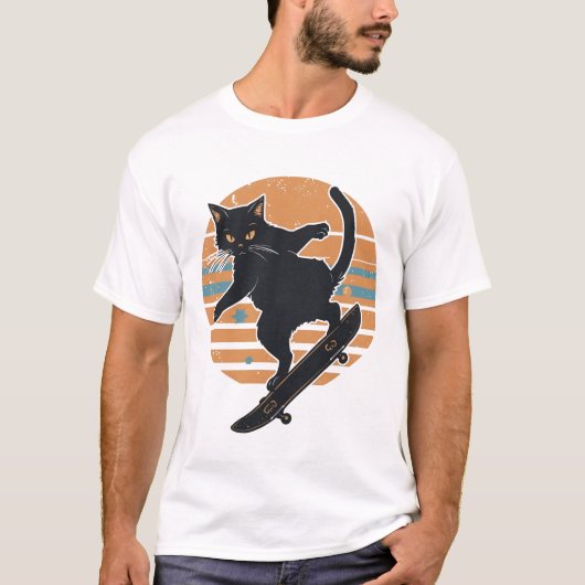 Cool Black Cat Skateboarder Retro 80s Sunset Graph Tシャツ (正面)