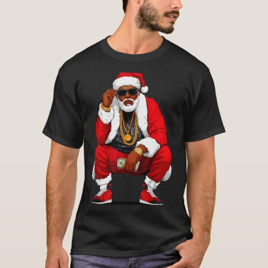 Cool Black Man Santa Claus Christmas African Ameri Tシャツ (正面)