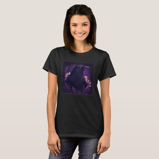 Cool Black Raven Crow Illustration Birds Unique Wo Tシャツ (正面フル)