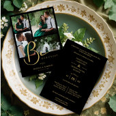 Cool Black Trendy 4 Multi Photos Collage Wedding 招待状