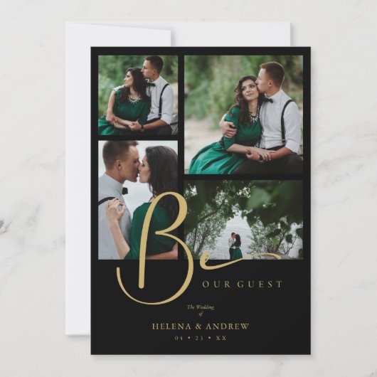 Cool Black Trendy 4 Multi Photos Collage Wedding 招待状 (正面)