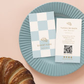 Cool Blue Checkered Cafe Croissant QR Bakery 名刺