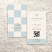 Cool Blue Checkered Cafe Croissant QR Bakery 名刺