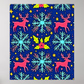 Cool Blue Christmas Reindeer Pattern Design ポスター (正面)
