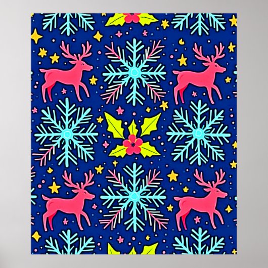 Cool Blue Christmas Reindeer Pattern Design ポスター (正面)