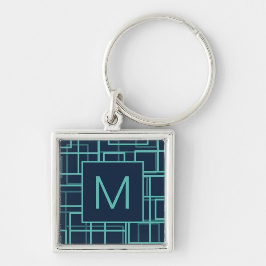 Cool Blue Geometric Grid Pattern Monogram キーホルダー (正面)