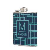 Cool Blue Geometric Grid Pattern Monogrammed Flask フラスク (左)