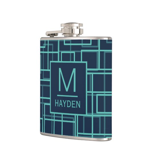 Cool Blue Geometric Grid Pattern Monogrammed Flask フラスク (左)