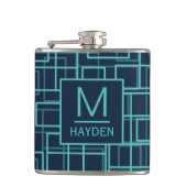 Cool Blue Geometric Grid Pattern Monogrammed Flask フラスク (正面)