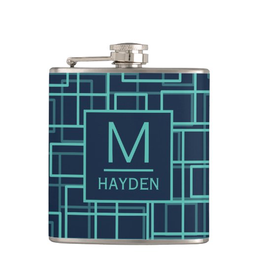 Cool Blue Geometric Grid Pattern Monogrammed Flask フラスク (正面)
