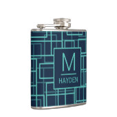 Cool Blue Geometric Grid Pattern Monogrammed Flask フラスク (右)