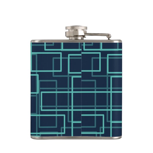 Cool Blue Geometric Grid Pattern Monogrammed Flask フラスク (裏面)
