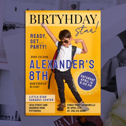 Cool Blue Magazine Cover Newspaper Kids Star Photo 招待状