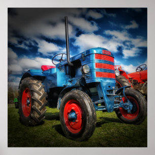 Cool Blue Red Antique Tractor Gifts for Farmers ポスター