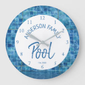 Cool Blue Tile Swimming Pool Family Name cUSTOM ラージ壁時計 (正面)