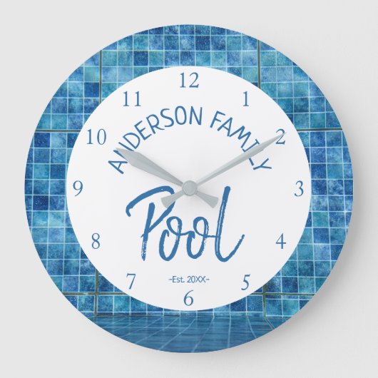 Cool Blue Tile Swimming Pool Family Name cUSTOM ラージ壁時計 (正面)