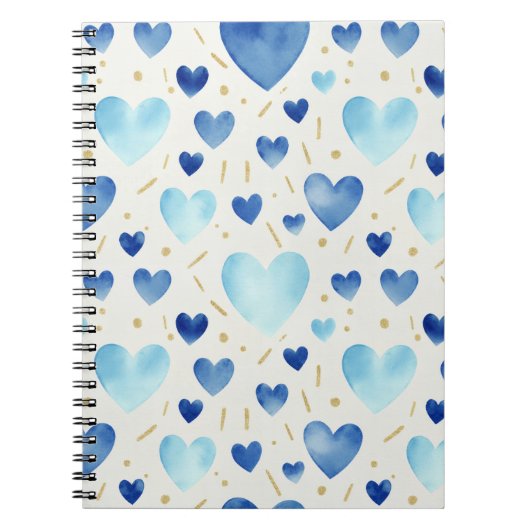 Cool Blue Watercolor Hearts ノートブック (正面)
