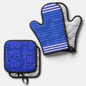 Cool Blue White Geometric Stripes 鍋つかみ&鍋敷きセット (正面/裏面)