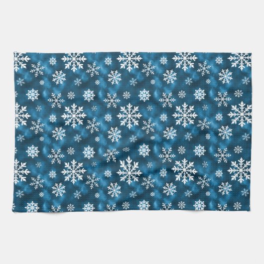 Cool Blue With White Snowflake Pattern Winter キッチンタオル (横)