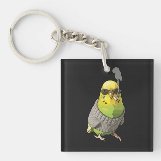 Cool Budgie in Grey Sweater and Sunglasses Illustr キーホルダー (正面)