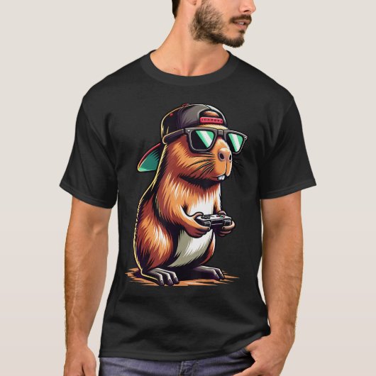 Cool Capybara Playing Video Games. Funny Gamer Cap Tシャツ (正面)