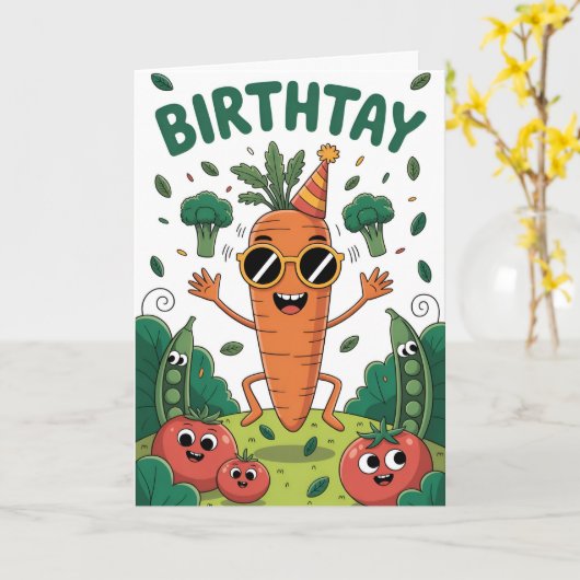 Cool Carrot’s Birthday Bash – Funny Garden Party カード (黄色い花)