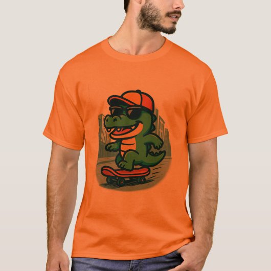 Cool Cartoon Crocodile Skateboarding Tシャツ (正面)