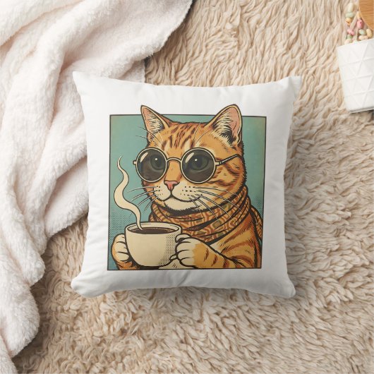 Cool Cat Coffee Retro Style Design for Cat Lovers クッション (ブランケット)