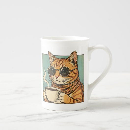 Cool Cat Coffee Retro Style Design for Cat Lovers ボーンチャイナマグカップ (右)