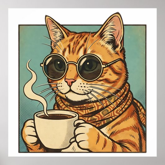 Cool Cat Coffee Retro Style Design for Cat Lovers ポスター (正面)