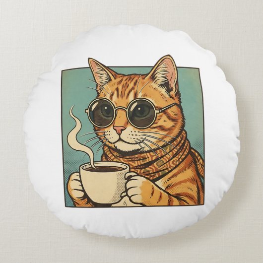 Cool Cat Coffee Retro Style Design for Cat Lovers ラウンドクッション (正面)