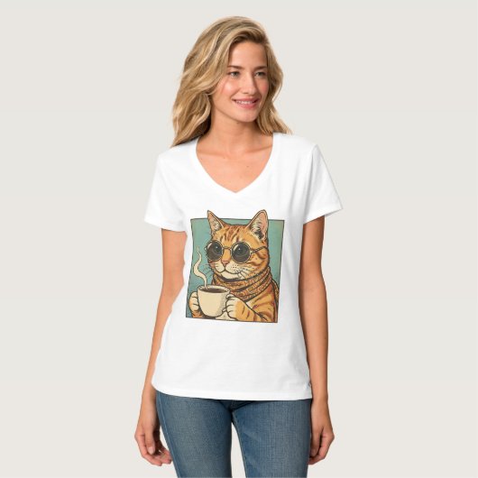 Cool Cat Coffee Retro Style Design for Cat Lovers Tシャツ (正面フル)