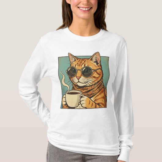 Cool Cat Coffee Retro Style Design for Cat Lovers Tシャツ (正面)