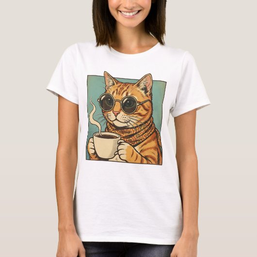 Cool Cat Coffee Retro Style Design for Cat Lovers Tシャツ (正面)
