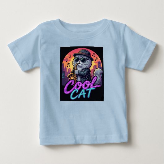Cool Cat Saxophone – Retro Neon 90s Jazz Cat Desig ベビーTシャツ (正面)