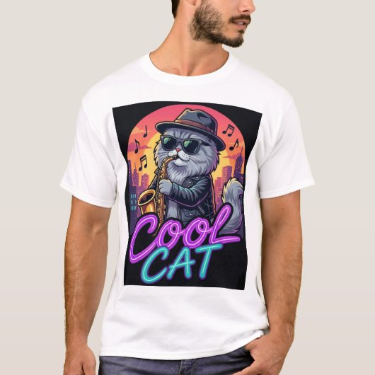 Cool Cat Saxophone – Retro Neon 90s Jazz Cat Desig Tシャツ (正面)