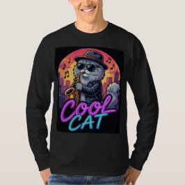Cool Cat Saxophone – Retro Neon 90s Jazz Cat Desig Tシャツ