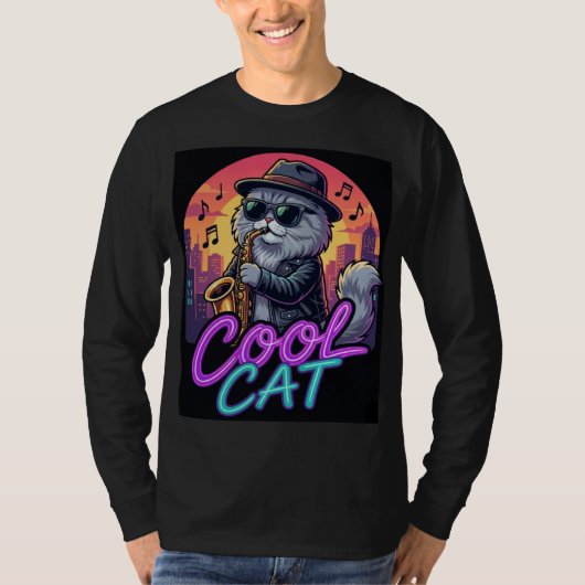 Cool Cat Saxophone – Retro Neon 90s Jazz Cat Desig Tシャツ (正面)